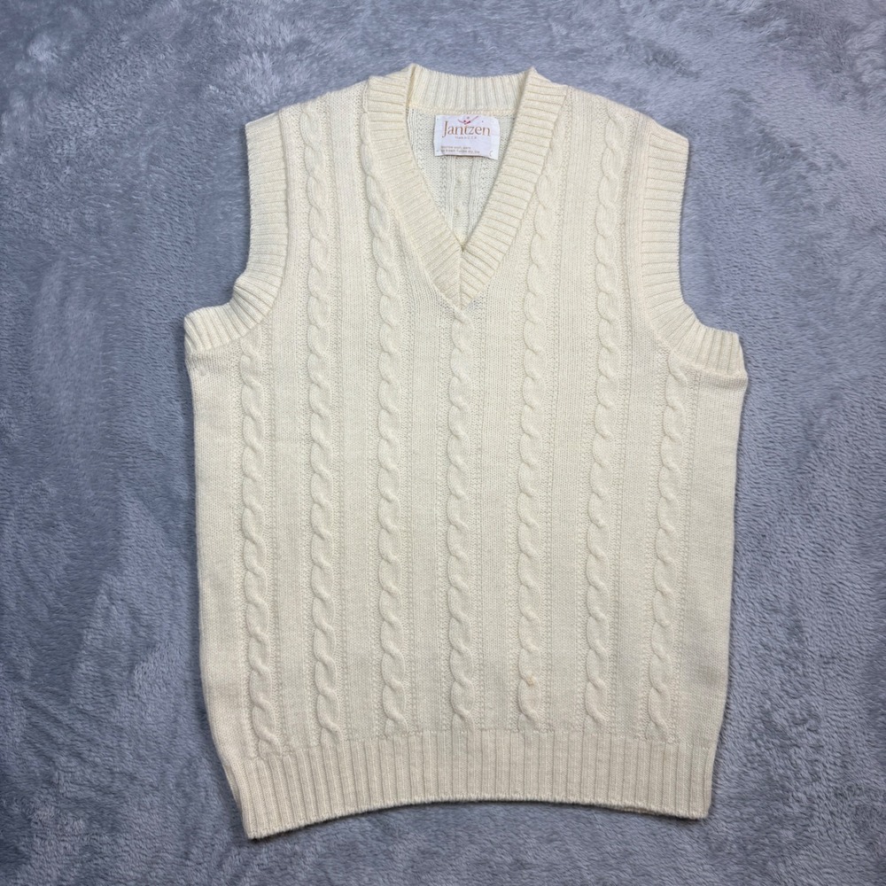 Vintage Jantzen Sweater Vest Mens L Cream Cable Knit V-Neck Preppy USA 80s